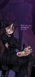 1girls foot_fetish foot_focus goth goth_girl pov_eye_contact showing_feet sitting_on_chair staring_at_viewer talking_to_viewer the_addams_family wednesday_(netflix) wednesday_addams