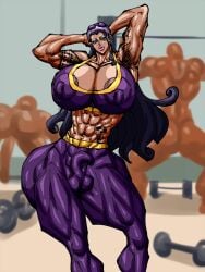 abs armpit_hair ass belly_button_piercing black_hair bulge bulge_through_clothing dark-skinned_futa dark_skin earrings eyeshadow futanari gym gym_uniform hands_behind_head huge_ass huge_breasts muscles muscular muscular_futa negoto_(nego6) nico_robin nipple_bulge nipples_exposed nipples_visible_through_clothing one_piece penis_bulge sunglasses_on_head tattoo tattoos weights