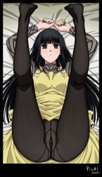 4k 8k ai_generated apron ass_focus, black body, content explicit full high legs lying, masterpiece, nails, normal nsfw, osaragi_(sakamoto_days) outfit, quality, resolution, sakamoto_days see-through_clothing see-through_pantyhose thighs toes up,