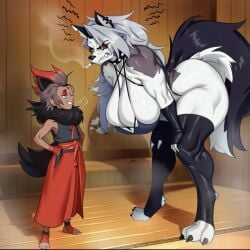 1boy 1girls 2d ai_generated angry angry_expression angry_face animal_ears annoyed annoyed_expression annoyed_face ass bent_over big_ass big_breasts big_butt big_thighs bigger_female black_sclera breasts brown_hair bubble_butt cigarette cleavage collar colored_sclera fingerless_gloves foxes_inn furry furry_female gigantic_breasts gloves grey_hair hands_on_own_hips height_difference helluva_boss huge_ass huge_breasts huge_butt large_ass large_breasts large_butt large_thighs long_hair loona_(helluva_boss) massive_breasts muscular muscular_female onilapper original original_character red_eyes red_hair sharp_teeth size_difference smaller_male snout spiked_collar spikes tail tall tall_female taller_female teeth thick_ass thick_butt thick_thighs thighhighs thighs toeless_legwear wolf_ears wolf_girl wolf_tail