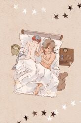 1boy 1girls after_sex arven_(pokemon) ass bed blue_hair bra brown_hair completely_nude condom_wrapper glasses lying multicolored_hair nanananappbt nintendo nude nude_female nude_male on_bed penny_(pokemon) pokemon pokemon_sv red_hair short_hair star_(symbol) straight two-tone_hair under_covers unworn_bra