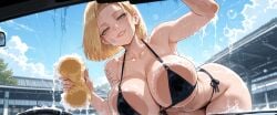 1girls against_glass ai_generated android_18 arm_tattoo armpits bare_shoulders bent_over bikini black_bikini blonde_hair blue_eyes blue_sky blush bob_cut breast_press breasts breasts_on_glass bubble cleaning cleavage clothing cloud collarbone curvaceous curvaceous_female curvaceous_figure curvy curvy_figure day dragon_ball dragon_ball_super dragon_ball_z earrings female female_focus forehead grin halterneck hand_on_glass holding huge_breasts inviting inviting_to_sex jewelry large_breasts leaning_forward looking_at_viewer mature_female milf miyuai navel outdoors parted_bangs parted_lips piercing presenting presenting_ass presenting_breasts presenting_hindquarters presenting_self seductive seductive_look seductive_smile short_hair side-tie_bikini_bottom sky smile soap soap_bubbles solo sponge string_bikini sunglasses swimsuit tattoo thighs voluptuous voluptuous_female washing water wet