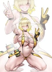 blonde_hair breasts commentary elegg_(boom_and_shock)_(nikke) elegg_(nikke) english_commentary game_controller_print goddess_of_victory:_nikke hair_intakes large_breasts long_bangs short_hair slingshot_swimsuit smile swimsuit two-tone_slingshot_swimsuit v white_background yellow_slingshot_swimsuit zukululuu