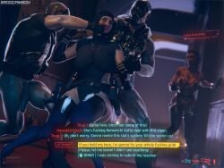 big_penis blood_splatter bnwo club_spade cyberpunk_2077 dark-skinned_female dialogue heavy_makeup meredith_stout multiple_boys penis punch purple_eyes ryona sadocrimson3d text violence