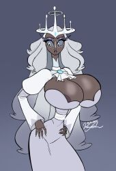 1girls angel areola_slip areolae armwear big_ass big_breasts blue_eyeshadow breast_focus breasts cleavage clothed clothing dress eyelashes eyeshadow female female_only grey_areola grey_body grey_skin hair half-closed_eyes halo hands_on_hips hazbin_hotel huge_breasts large_breasts lips long_hair mature mature_female mature_woman nails no_bra revealing_clothes sera_(hazbin_hotel) solo solo_female thighs thin_waist wayesh white_dress white_hair wings