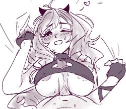 1boy 1boy1girl 1girls big_breasts blush boob_window boobjob breasts clothed clothed_female clothed_female_nude_male d4dj devil_horns fingerless_gloves gloves grabbing_sheets heart mizushima_marika mocam4id motion_lines nude nude_male on_back on_bed one_eye_closed paizuri penis sex sweat sweatdrop titjob underboob