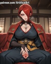 1girls ai_generated bangs_over_one_eye big_breasts blue_eyes blush clitoris earrings eyebrow_scar female gachiakuta light-skinned_female light_skin lipstick military_uniform nail_polish nijiku_kyouka_(gachiakuta) presenting_pussy presenting_vagina pussy pussy_juice pussy_juice_drip red_hair red_lipstick red_nail_polish red_uniform short_hair smile solo spread_legs spread_pussy spread_vagina uncensored uniform vagina watermark