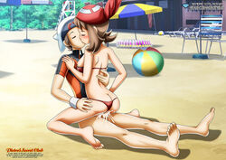 beach beach_ball bikini brendan_(pokemon) brendan_(pokemon_oras) cowgirl_position cum cum_in_pussy cum_inside female_on_top human human_only kissing may_(pokemon) may_(pokemon_rs) pokemon pokemon_oras pokemon_rse pokepornlive swimsuit wholesome