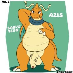 anthro azis_(woofington_gator) balls belly blush blush_lines claws digital_media_(artwork) dragon dragonite foreskin generation_1_pokemon genitals half-erect hand_behind_head hi_res humanoid_genitalia humanoid_penis male membrane_(anatomy) membranous_wings mythological_creature mythological_scalie mythology nintendo nude orange_body penis pokemon pokemon_(species) presenting presenting_penis saggy_balls scales scalie scarf simple_background slightly_chubby smile solo standing tail vein veiny_penis wings woofington_gator