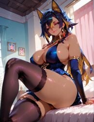 1girls ai_generated ass beach bed bikini breasts dark_skin dehya_(genshin_impact) duo female female_only genshin_impact genshin_impact_event genshintales house huge_ass huge_breasts large_breasts light-skinned_female light_skin ocean ocean_background pussy red_lipstick solo summer summer_uniform swimsuit