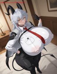 1girls ai ai_generated bedroom belt big_ass big_breasts black_gloves black_horns black_pants breast_pocket breasts cape choker collared_shirt dratvan_(style) earrings erect_nipples gloves grey_hair hair_between_eyes half_gloves hand_on_hip hand_up high-waist_pants high_heels horns huge_ass huge_breasts hyper_breasts indoors jewelry long_hair long_sleeves necktie pants patreon patreon_username pocket red_necktie reenka25 shirt shirt_tucked_in smile tail thick thick_ass thick_thighs white_shirt wuthering_waves yellow_eyes zani_(wuthering_waves)