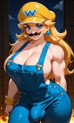 ai ai_generated big_breasts big_bulge blonde_hair blue_eyes dungarees futanari genderswap_(mtf) moustache muscle_mommy muscles muscular_female wario wario_(series) yellow_hat