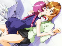 2girls against_wall arm arms ass bare_arms bare_legs bent_over black_dress black_skirt blue_eyes blush bow bowtie braid brown_hair closed_eyes dress female female_only formal from_above hand_holding hand_up hiiragi_najica human human_only humarittt_zzz_lila indoors interlocked_fingers kissing legs lila long_hair long_sleeves looking_at_another love multiple_females multiple_girls najica_blitz_tactics najica_hiiragi panties pantyshot pantyshot_(sitting) pencil_skirt purple_hair red_bow red_bowtie restrained sameha_ikuya shadow shiny shiny_hair short_dress short_hair sitting skirt sleeveless sleeveless_dress standing suit surprised twin_braids white_panties wrist_grab yuri