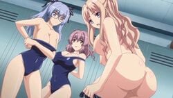 3girls animated ass breasts bubble_ass butt_crack gakuen_de_jikan_yo_tomare glasses hair_ribbon hentai huge_ass ichinose_yuuka kamisuura_risa large_breasts multiple_girls nipples school_swimsuit screencap sugai_akari twintails undressing