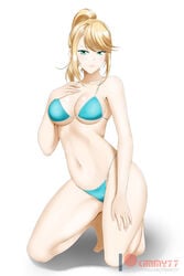 1girls alluring alternate_costume aqua_bikini aqua_swimsuit bare_arms bare_legs bare_shoulders barefoot bikini blonde_hair breasts cleavage collarbone feet female female_only green_eyes grin hand_on_own_chest hand_on_own_leg hand_on_own_thigh hand_up human human_only kimmy77 kneeling large_breasts legs long_hair looking_at_viewer medium_breasts metroid midriff mole mole_under_mouth navel neck nintendo parted_lips ponytail samus_aran shadow shiny_hair smile solo swimsuit underboob white_background