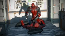 2boys 3d absurdres anal black_pillow clothing costume deadpool erection_under_clothes forced frottage gay gloves highres holding_penis legs_held_open looking_at_partner male male_only marvel missionary on_back on_bed orgasm ralic_turman rape smooth_skin spider-man spider-man_(series) spread_legs suit superhero vibrating vibrator yaoi