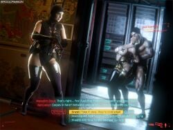 3d club_spade cyberpunk_2077 dark-skinned_male dialogue heavy_makeup interracial meredith_stout pistol purple_eyes raceplay sadocrimson3d standing_sex tactical_gear text uncensored