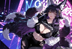 1girl ai_assisted ai_generated animal_ears azur_lane bangs black_bra black_gloves black_pants bra breasts cleavage closed_mouth clothes_writing collarbone cowboy_shot curvaceous curvy curvy_female curvy_figure eyebrows_visible_through_hair female fingerless_gloves fox_ears fox_girl fox_tail gloves hair_ornament hand_on_hip jacket large_breasts long_hair long_sleeves looking_at_viewer midriff miyuai multiple_tails musashi_(azur_lane) navel one_eye_closed pants smile solo standing stomach tail thick thick_ass thick_butt thick_hips thick_legs thick_thighs thigh_gap tongue tongue_out torn_clothes torn_legwear underwear very_long_hair voluptuous voluptuous_female wide_hips wide_thighs yellow_eyes