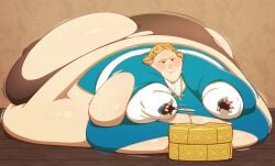 1girls ass belly better_with_salt big_ass big_belly blonde_hair blush chubby double_chin eating fat fat_arms fat_ass female female_focus female_only giant_ass gigantic_ass huge_belly hyper hyper_ass hyper_belly immobile laying_down laying_on_stomach massive_ass massive_belly nintendo obese overweight princess_zelda ripped_clothing round_ass solo the_legend_of_zelda thick_ass weight_gain zelda_(tears_of_the_kingdom)