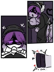 1boy 1boy1girl 1girls ass blush breasts dark_clothing female fuck inkzan locker locker_room male male/female murder_drone murder_drones n_(murder_drones) purple_eyes purple_hair robot robot_boy robot_girl robot_penis sex side_view sucking_penis tail uzi_(murder_drones) yellow_eyes