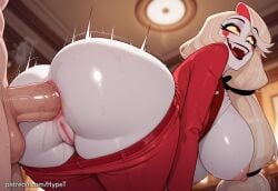 1boy ai_generated alternate_version_at_source anal_sex back_view big_ass big_breasts big_eyes blonde_hair breasts_out charlie_morningstar_(hazbin_hotel) female happy hazbin_hotel hypet makeup motion_lines nipples pale-skinned_female pale_skin pants_down penis sex simple_background steam steaming suit tagme thick thick_ass thick_hips thick_legs thick_thighs thighs wide_hips