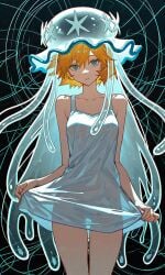 ai_generated aqua_eyes bare_arms bare_shoulders blonde_hair blue_eyes breasts clavicle clothing dress dress_lift female hair_between_eyes headwear jellyfish kasumi_(pokemon) looking_at_viewer misty_(pokemon_hgss) mole orange_hair parted_lips pokemon pokemon_character portrait see-through see-through_dress see-through_silhouette short_hair silhouette skirt_hold sleeveless sleeveless_dress solo standing sundress tentacle thigh_gap thighs white_dress