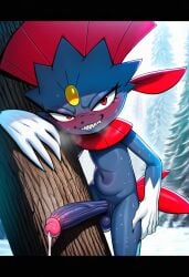 ai_generated badendbat_(artist) black_body blush claws cum cum_drip cum_dripping_from_penis eyelashes forehead_jewel leaning_on_object looking_at_viewer male male_only novelai penis pokemon pokemon_(species) red_eyes small_but_hung snow solo sweat tail testicles tree veiny_penis weavile