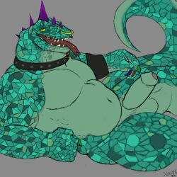 1:1 2025 anthro collar digital_media_(artwork) facial_piercing genitals goat_(movie) green_body green_scales head_spikes hi_res humanoid_genitalia humanoid_penis komodo_dragon lizard looking_at_viewer male modo_olachenko monitor_lizard mouth_piercing multicolored_claws musclegut muscular muscular_anthro muscular_male neck_piercing nose_piercing nude_anthro nude_male penis piercing purple_spikes reclining reptile scales scalie solo solo_male sony_corporation sony_pictures spiked_collar spikes spikes_(anatomy) tail tongue tongue_out tongue_piercing xshouty yellow_eyes