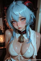 ai_generated bangs bare_shoulders bell bikini blue_eyes blue_hair blush breasts cleavage closed_mouth covered_nipples cowbell detached_collar fake_art female female_only front-tie_bikini_top front-tie_top ganyu_(genshin_impact) genshin_impact goat_horns hair_between_eyes holding horns kermixx lantern large_breasts lips long_hair looking_at_viewer neck_bell shiny shiny_skin solo sweat swimsuit towel upper_body wet white_bikini