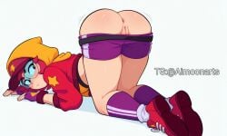 ai_assisted ai_generated anus ass boots brawl_stars cap glasses gloves hood laying_down max_(brawl_stars) pants_down pants_pulled_down pussy red_hair simple_background streetwear_max supercell thighs top-down_bottom-up white_background