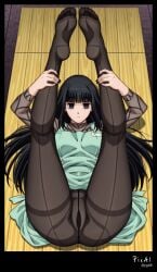 4k 8k ai_generated apron ass_focus, black body, content explicit full high legs lying, masterpiece, nails, normal nsfw, osaragi_(sakamoto_days) outfit, quality, resolution, sakamoto_days see-through_clothing see-through_pantyhose thighs toes up,