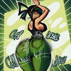 1girls artist_request ass big_ass breasts green_hair grin huge_ass large_breasts looking_at_viewer looking_back my_hero_academia pants solo tsuyu_asui twerking