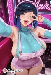 ai_generated alternate_costume armpits bare_shoulders blue_hair blush bob_cut breasts detached_sleeves diagonal_bangs earrings female genshin_impact green_eyes jewelry large_breasts looking_at_viewer naughtygirlsai open_mouth panties pussy_juice saliva selfie short_hair sideboob smile solo sweater teeth thighs tongue tongue_out underwear v yelan_(genshin_impact)