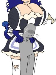 1boy 1boy1girl 1girls aaanarkia anonymous_male big_breasts blue_hair blush boobhat breasts breasts_on_head brick_(aaanarkia) cat_girl cat_tail catgirl cleavage clothed clothing dominant_female female flustered huge_breasts hyper_breasts maid_dress maid_outfit maid_uniform male massive_breasts simple_background simple_shading sweat tail taller_female teasing