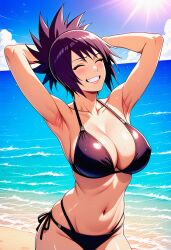 1girls ai_generated arm_support arms_behind_head arms_up bare_chest bare_legs bare_midriff bare_shoulders beach big_breasts bikini bikini_bottom bikini_top blush breasts cleavage closed_eyes clouds curvaceous curvy curvy_body curvy_female curvy_figure day female female_only happy happy_female high_resolution highleg highleg_bikini knees_together_feet_apart large_breasts light-skinned_female light_skin mature mature_female mitarashi_anko naruto naruto_(series) naruto_shippuden navel ocean pinup ponytail purple_hair sand seaside shoulder_length_hair smile solo sunlight sunset swimsuit tied_hair toned toned_female water wide_hips