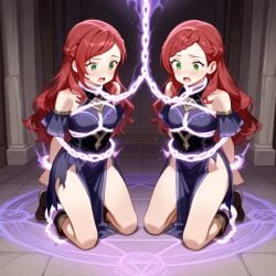 2girls ai_generated arms_behind_back benmccannon_(artist) dungeon green_eyes identical_twins kneeling leash_and_collar magic_chains magic_circle magic_collar magic_restraints magic_trap red_hair shocked_expression siblings sisters stable_diffusion surprised_expression torn_clothes torn_clothing trap trapped twins