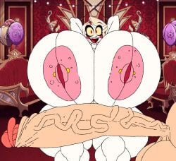 1boy 1girls balloons charlie_morningstar charlie_morningstar_(hazbin_hotel) excessive_breast excessive_penis eyes hazbin_hotel huge_balls huge_cock hyper large_penis male massive_ass massive_breasts pale_skin penis pierced_nipples pink_nipples red_eyes smile smiling_at_viewer theluxusguy_(editor) themadguy_(editor) varix_(edit) veiny_penis waist_not_visible white_skinned_male