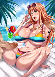 1girls 2boys ass bikini breasts censored chair cleavage curvy drink feet female haikawa_hemlen hips huge_breasts huge_penis large_ass legs long_hair male multiple_boys nami navel ocean one_piece one_piece_film_z open_mouth orange_hair outdoors penis rainbow_bikini sitting stomach straight sunglasses sunglasses_on_head swimsuit tattoo teeth thick_thighs thighs tongue veins veiny_penis wide_hips