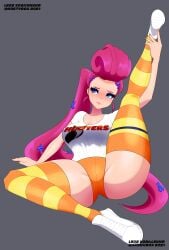1girls berecca big_breasts blue_eyes breasts curvy curvy_figure dark_gray_background embarrassed female female_only gray_background gungho_online_entertainment holding_leg hooters hooters_uniform kandiibox large_breasts light-skinned_female light_skin long_hair looking_away ninjala pink_hair pompadour ponytail shirt shorts simple_background sneakers solo solo_female solo_focus spread_legs spreading stockings striped_stockings striped_thighhighs thigh_highs
