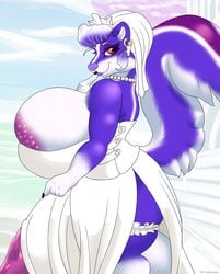 1futa ambercoyote anthro balls big_balls big_breasts big_tail blue_fur blue_hair blue_tail breasts bride clothed clothing dickgirl digital_media_(artwork) dress erection eyelashes fluffy fluffy_tail fur futanari hair huge_balls huge_breasts hyper hyper_balls intersex mammal penis simple_background skunk smile solo wedding_dress xaxoqual