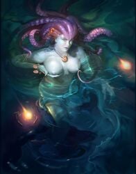 alexandr_nikonov blue_eyes female holding_own_breasts looking_at_viewer merfolk nude octopus_girl pale_skin pendant_necklace snail_shell water white_skin