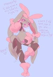 1boy 2018 3_toes alternate_color animal_genitalia belly big_ears blush brown_fur digital_media_(artwork) english_text feet fur furry girly heart heart-shaped_pupils heavy_breathing lagomorph leg_up leggings long_ears looking_at_viewer lopunny male male_lopunny male_only male_pokemon mammal mostly_nude nintendo nipples no_nipples nude open_mouth paws penis pink_eyes pink_fur pokémon_(species) pokemon pokemon_(species) pokemon_dppt pokemon_oras puripurugly purple_background shiny_pokemon simple_background smile solo spoken_heart spread_legs standing talking_to_viewer testicles text thin_waist tongue torn_clothes video_games wide_hips