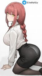 ai ai_art ai_assisted ai_generated all_fours arched_back ass_focus best_quality big_ass big_breasts black_pants black_pantyhose blurry_background blush braid braided_ponytail business_suit chainsaw_man cleavage curvy detailed_background female formal from_behind hair_between_eyes highres hourglass_figure huge_ass huge_breasts kneeling long_hair looking_at_viewer looking_back makima_(chainsaw_man) masterpiece on_all_fours pantyhose partially_unbuttoned rear_view red_hair ringed_eyes side_bangs sideboob solo thick_ass thick_thighs tight_pants white_shirt wide_hips yellow_eyes