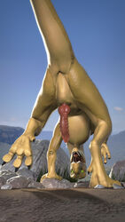 2018 3d anus ass claws cum dinosaur hi_res kysol looking_at_viewer male outside paws penis presenting presenting_hindquarters reptile saliva scalie solo whiteperson