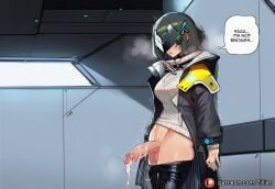 1girl ai_generated arknights arknights:_endfield clothes_pull coat cum endministrator_(arknights) endministrator_(arknights:_endfield) english_text erection futanari indoors long_sleeves mask mask_around_neck pants pants_pull penis short_hair solo sweater testicles tillian trembling uncensored