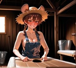 ai ai_generated breasts farmgirl female lilybelle2 milk milking_table mouse_girl overalls twitch_streamer vtuber vtuberfanart
