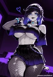 ai_generated balecxi black_hair blue_eyes blue_hair bracelet choker crop_top diagonal_bangs earrings female fishnet_pantyhose fishnets genshin_impact heart jewelry large_breasts looking_at_viewer makeup multicolored_hair patreon_username pleated_skirt short_hair solo torn_clothes torn_pantyhose underboob yelan_(genshin_impact)