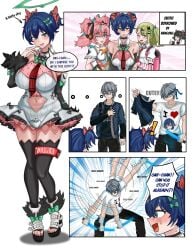 1boy 4girls angels_of_delusion aria_(zenless_zone_zero) aria_(zenless_zone_zero)_(human_form) belle_(zenless_zone_zero) big_breasts blue_eyes blue_hair brother_and_sister chinatsu_remiel colored_nails comic cosplay embarrassed footwear gray_hair green_hair green_ribbons hoshimi_miyabi huge_breasts huge_thighs mikeydestituido nails nangong_yu_(zenless_zone_zero) nangong_yu_(zenless_zone_zero)_(cosplay) navel older_brother painted_nails pink_hair red_tie rokudo_sariel short_hair sunna_(zenless_zone_zero) text thick_thighs thighs twintails wise_(zenless_zone_zero) younger_sister yutane_johiel zenless_zone_zero