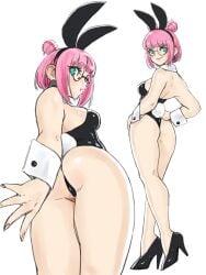 1girls absurdres alternate_costume animal_ears aqua_eyes ass bare_legs bare_shoulders black_footwear black_hairband black_leotard borrowed_character color detached_collar digital_drawing_(artwork) digital_media_(artwork) double_bun fake_animal_ears fake_tail female female_focus female_only from_behind glasses hair_bun hairband high_heels highres leotard lulu_(luulubuu) luulubuu multiple_views original perspective pink_hair playboy_bunny pose rabbit_ears rabbit_tail round_glasses shoes short_hair simple_background solo strapless strapless_leotard tail toshinoshin toshinoshin00 twitter_link white_background wrist_cuffs