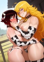 2girls ai_generated bikini black_hair blonde_hair blush collar cow_bell cow_bell_collar cow_horns cow_print cow_print_bikini cow_thighighs embarrassed embarrassed_female female_only happy holding_chin holding_face holding_head long_hair ruby_rose rwby short_hair sisters tagme thighhighs yang_xiao_long